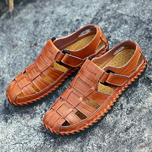 Yomiafy Men's Closed Toe Sandals Outdoor Leather Fisherman Shoes Casual Beach Sandals(Brown,US:11)