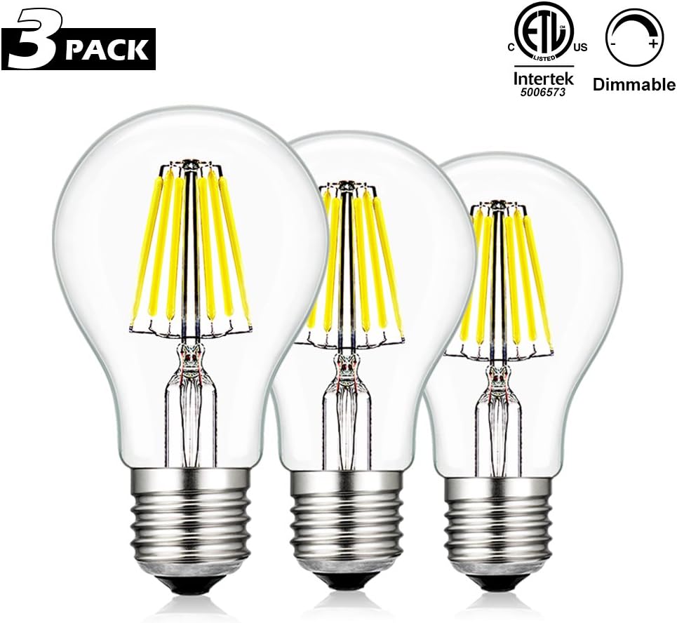 CREATE BRIGHT A19 LED Vintage Filament Bulb,6W(60W Incandescent Equivalent), Dimmable Edison Globe Bulbs,E26 Base,520lm,6400K Daylight,360°Beam Angle,ETL Listed,Pack of 3