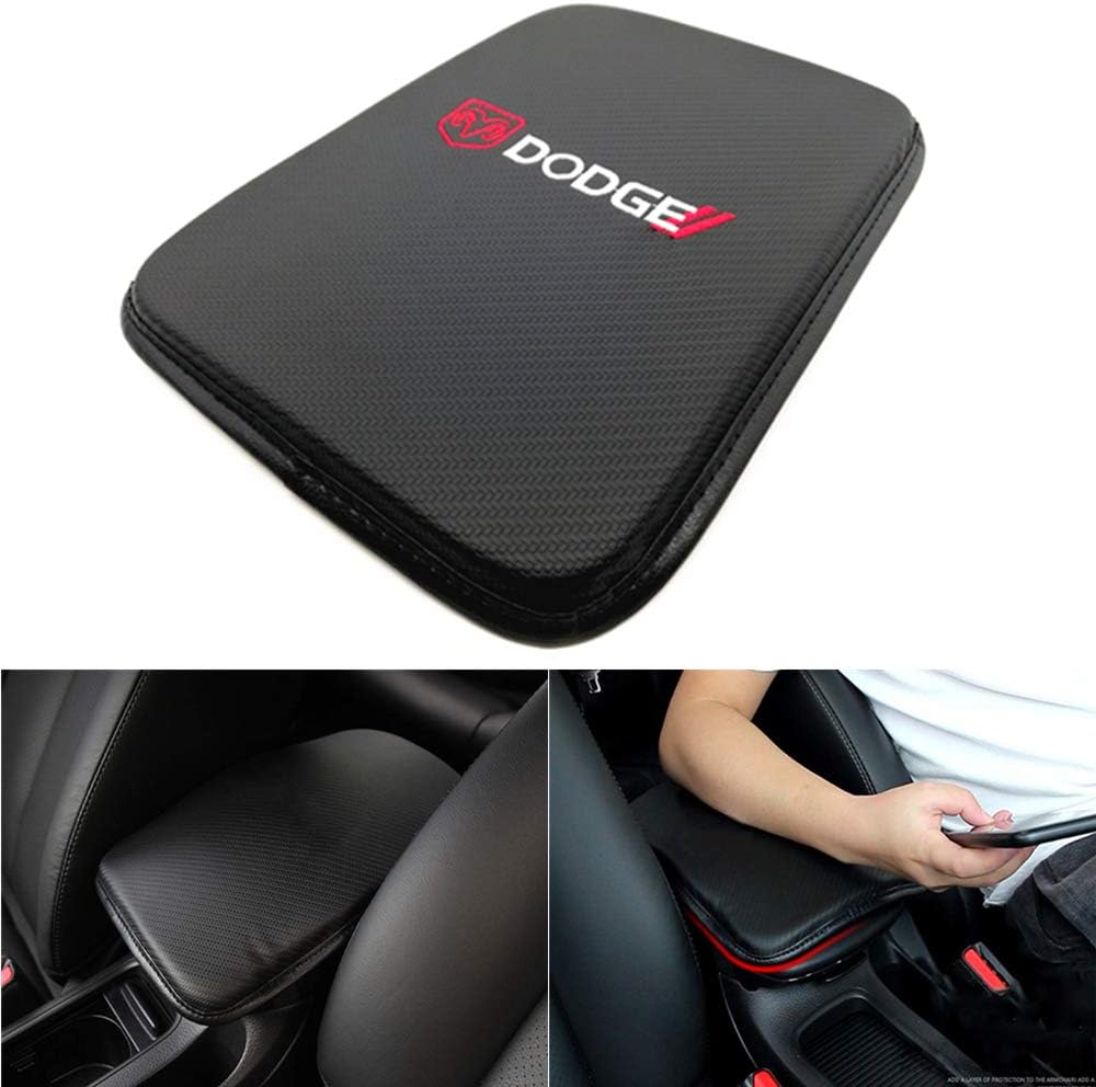 JSAMZ Carbon Fiber Leather Car Logo Embroidery Auto Center Console Pad Car Armrest Seat Box Cover Protector Armchair Box pad (Dodge)