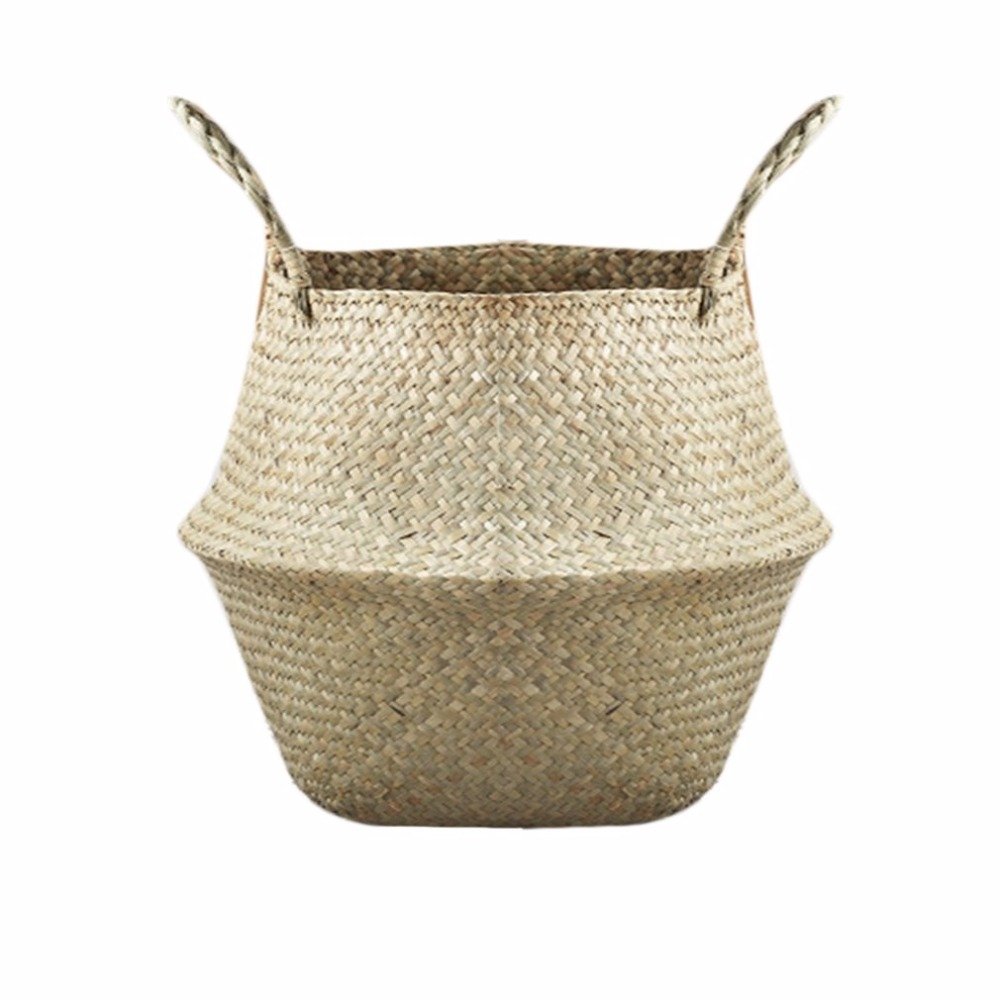 MYLE New Household Foldable Natural Seagrass Woven Storage Pot Garden Flower Vase Hanging Basket With Handle Storage Bellied Basket