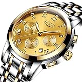 Luxury Men's Quartz Analog Watch Stainless Steel Strap with Date Chronograph Gold Face