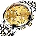 Luxury Men's Quartz Analog Watch Stainless Steel Strap with Date Chronograph Gold Face