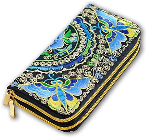 ALUS- National Wind - Embroidery Flower Ms. Wallet Long Double Zipper Wallet Card Package ( Color : Blue )