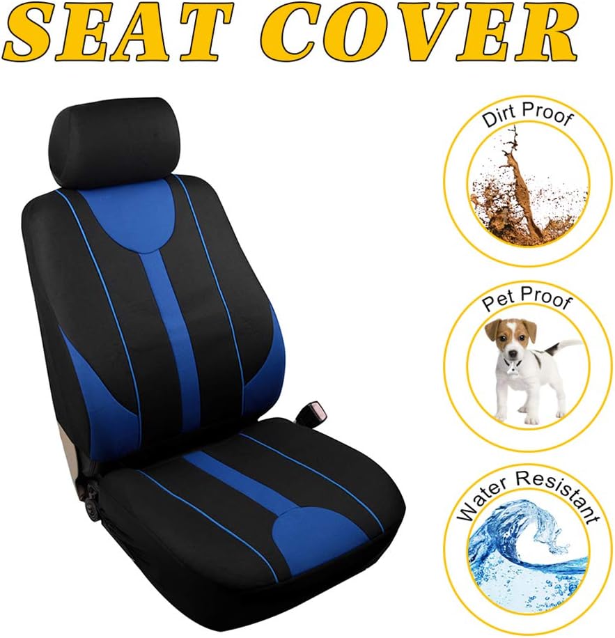 OCPTY Car Seat Cover, Stretchy Universal Seat Cushion W/Steering Wheel Cover Breathable Automotive Accessories Washable Polyester for Most Cars(Black/Blue)
