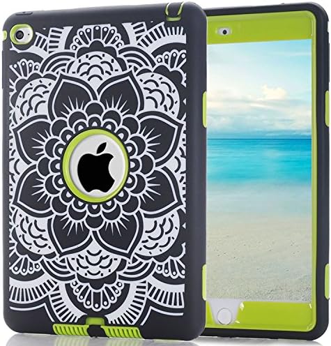 iPad Mini 4 Case ALLW 3 in 1 Hybrid Case Cover PC+Silicone Flower Pattern Design High Impact Defender Bumper Protective Shell Case Shockproof Heavy Duty Case (Flower Lime)