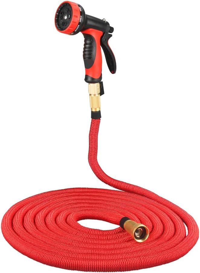 Expandable Garden Hose Pipe Uzexon 50FT Magic Stretch HosePipe Set with Newest Version 10 In 1 Setting Pattern Watering Spray Gun for Gardening, Car Washing, House Cleaning, Boat Cleaning, The Extended Measurement 15 Metres (50FT, Red)