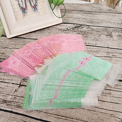 NUOMI 200Pcs Self Adhesive Cellophane Bags, Resealable Cookie Treat Bags for Gift Giving, 3.9"x3.1" Poly Bags Good for Bakery Candle Soap Candy, Pink&Green Polka Dots with Bow Decoration - Thumbnail 6
