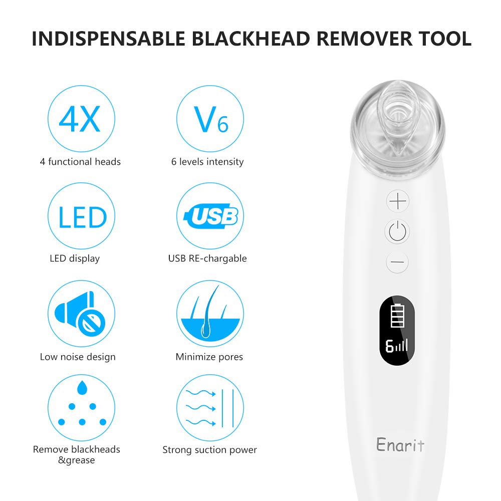 Blackhead Remover Pore Vacuum, Enarit Electric Blackhead Remover Vacuum with Base, Facial Blackhead Extractor Tool, USB and 4 different Suction Head Shape, LED Display 6 Level(White): Beauty