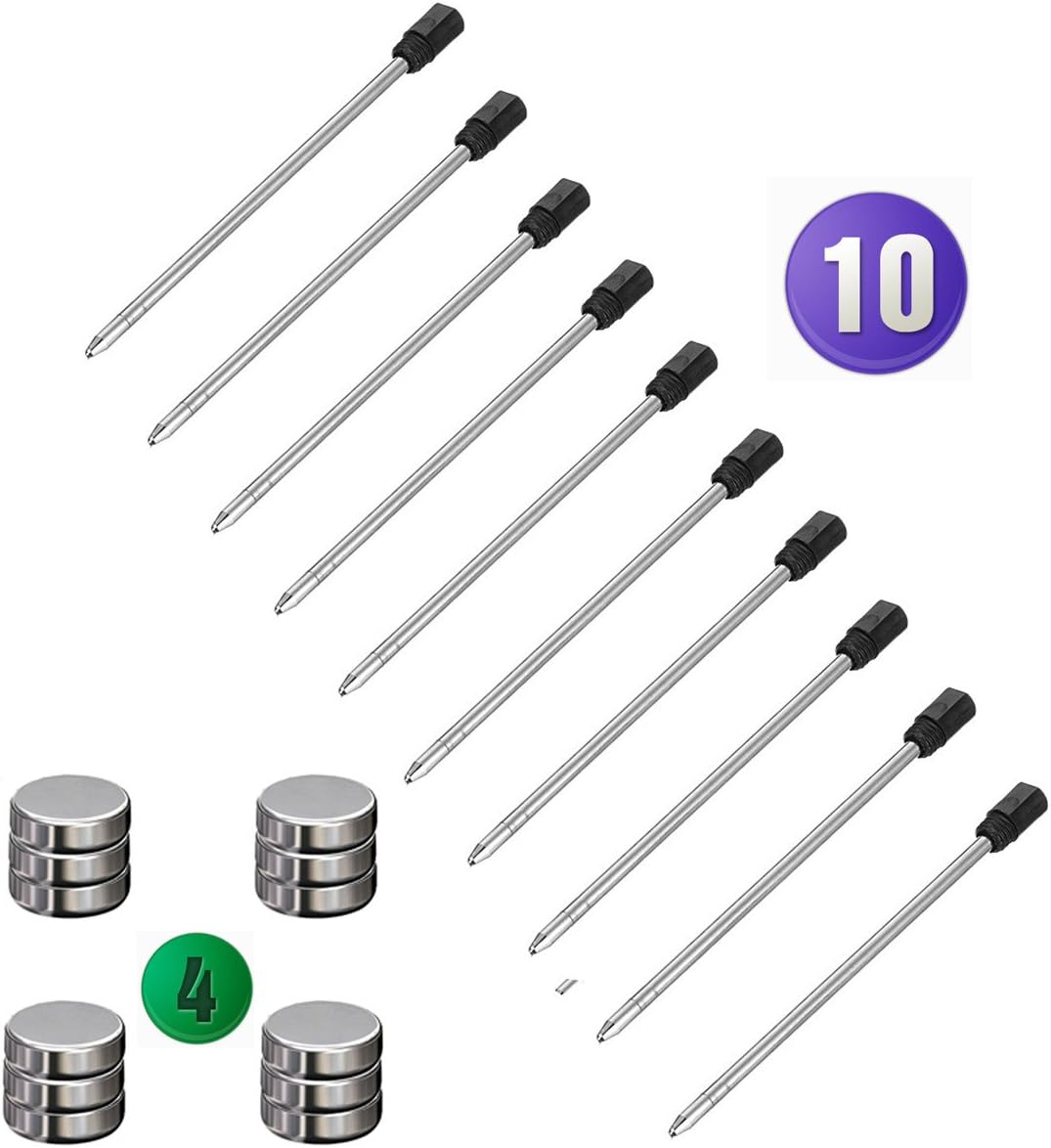 ANIKUV Tactical Pen Refills, Ball Point Pen Refills, Black Ink, Pack of 10 + Alkaline Button Cell Battery LR936 12Pcs / 4Cards­
