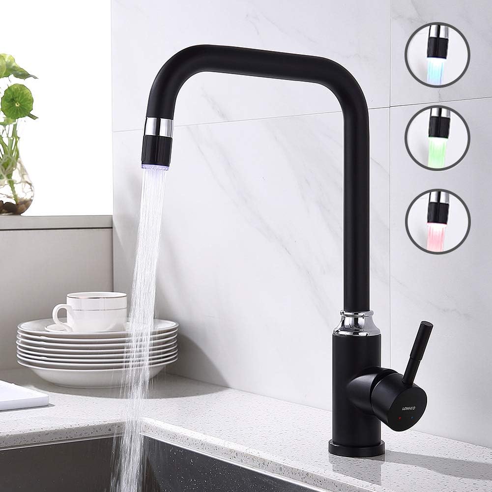 Lonheo LED Küchen Wasserhahn Schwarz Armatur 360° schwenkbare Küchenarmatur Hochdruck mit