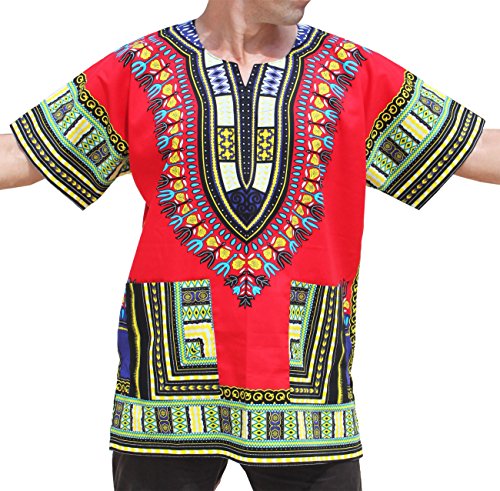 RaanPahMuang Unisex African Bright Dashiki Cotton Shirt Variety Colors, X-Large, Vibrant Red