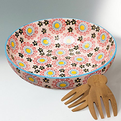 Large Salad Bowl Serving Platter with Salad Hands, 78 Ounce, Hand Made Floral Pattern, Stoneware