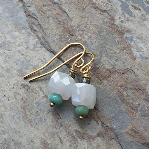 Moonstone Earrings with Green Moss Opal, Pyrite and Gold Vermeil, 1 inch long