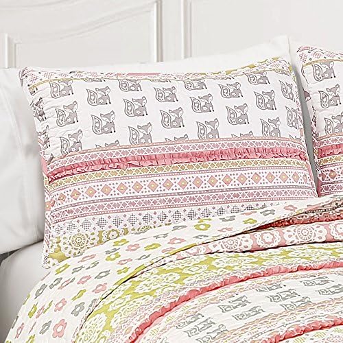 Lush Decor 5 Piece Fox Ruffle Stripe Quilt Set, Full/Queen, Pink & Grey