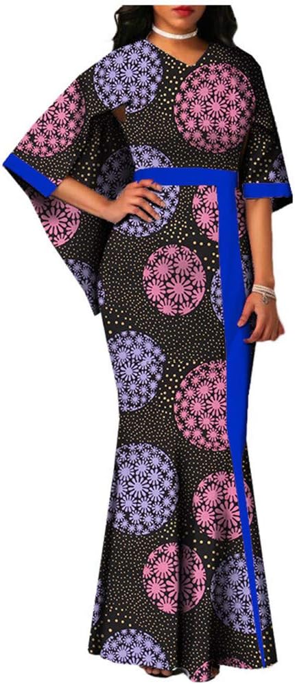 African Ankara Print Dresses for Women Cloak Sleeves V-Neck Pleated Maxi Dress 100% Batik Cotton Made AA722553