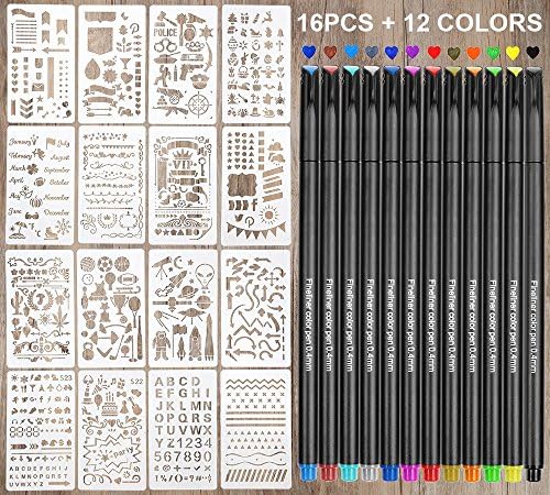 Bullet Journal Supplies,Stencils and Pens for Journaling,Bullet Journal for Daily Planner,Scrapbooking,Diary,Card Making,16PCS DIY Journal Planner Stencils&amp;12PCS Color Fineliner Pen