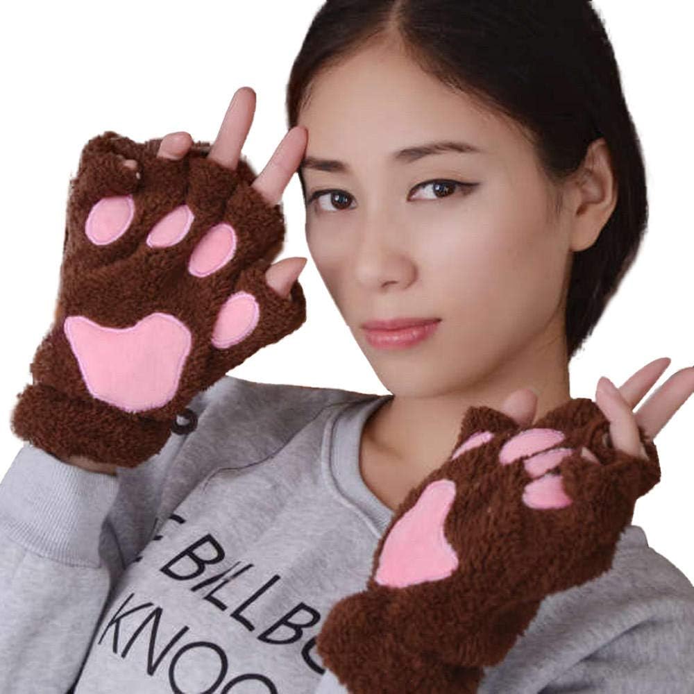 Pagsaka sa gawas Men's outdoor gloves Men's Sports Climbing Gloves Women Gloves Cute Cat Paw Plush Mittens Warm Soft Plush Short Fingerless Fluffy Bear Cat Gloves Half Finger #YL5-Coffee_China