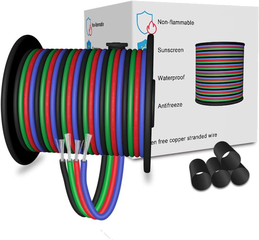LEADTOPS 22AWG 4pin LED Electric RGB Wire 22 Gauge 33FT/10M 4x0.3mm² Extension Cable 4 Core for RGB LED Strip 5050 3528
