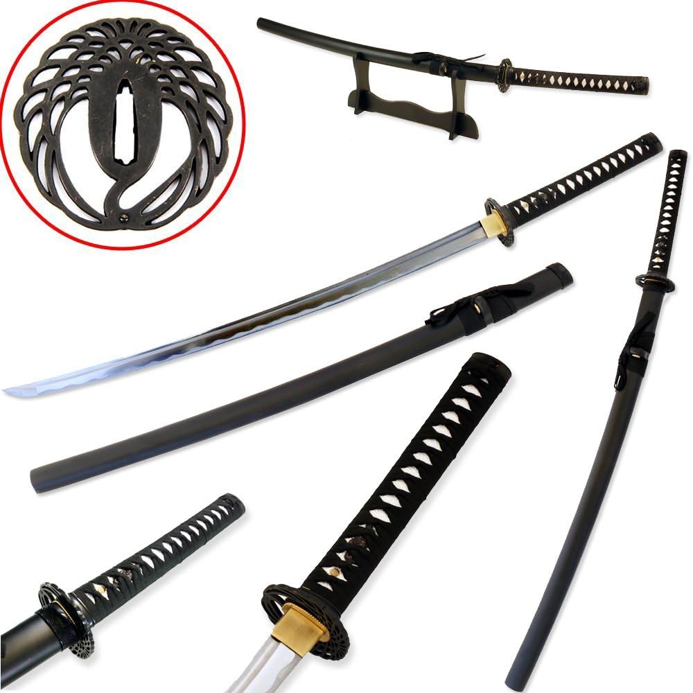 Vulcan Gear Traditional Handmade Sharp Katana Samurai Sword with Scabbard and Single Sword Wood Stand - Choose You Handle (Tsuba) Style