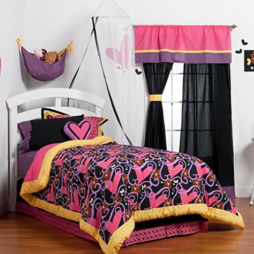 8 Piece Pink Purple Orange Love Romantic Theme Comforter Bed in a Bag with Sheets Full Set, Beautiful All Over Lovely Hearts Stripes, Flowers Motif, Curly Swirl Vines Design Boho Chic Bedding, Cotton