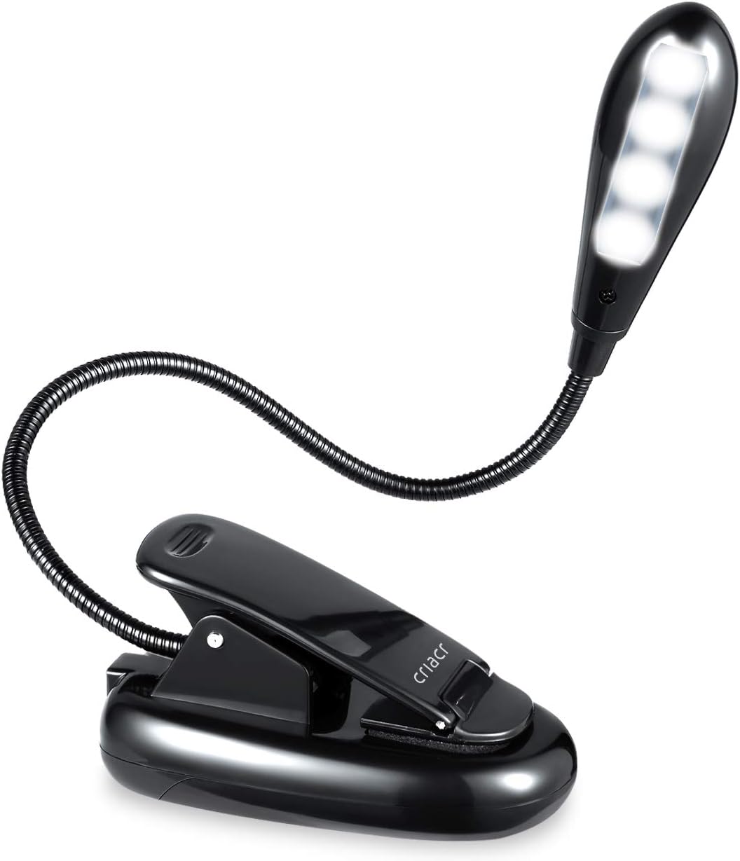 Criacr Clip on Book Light, 4 LED Portable Reading Light, Battery Operated Reading Lamp, Touch Sensitive Table Reading Light