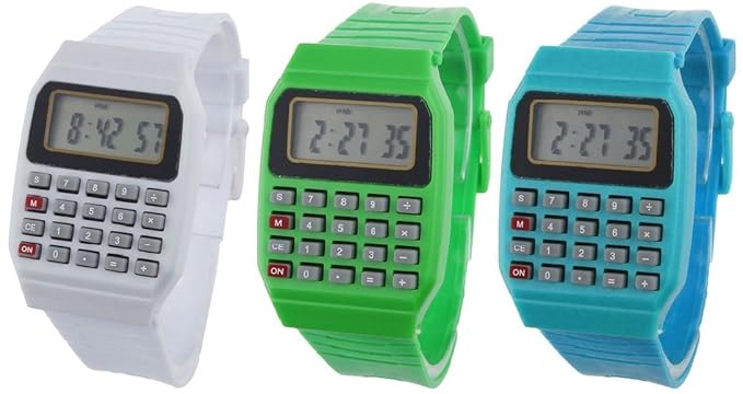 Pappi Boss Unisex Silicone Set Of 3 Green,White & Blue Sports Digital Led Calculator Watch For Boys, Girls & Kids