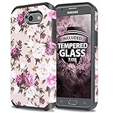 Samsung Galaxy J7 Sky Pro Case, Galaxy J7 Perx Case, Galaxy J7 V Case, Galaxy Halo Case, Galaxy J7 Prime Case, With TJS [Tempered Glass Screen Protector] Hybrid Romantic Pink White Roses Floral Cover