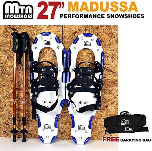 New MTN Man Woman Kid Youth 27" YP Blue WD Snowshoes with GOLD Nordic Walking Pole Free Bag snowshoe