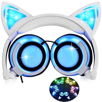 Katze Ohr Kopfhörer mit LED Glowing/Blinken,Faltbarer Wiederaufladbare Wired Headset für Mädchen,Kinder, kompatibel für Noteb