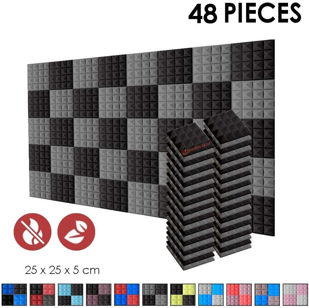 Arrowzoom 48 Acoustic Panels Pyramid Sound Absorbing Acoustic Treatment 25x25x5cm Recording Studio Noise Cancellation 26kg/m3 High Density Acoustical Dampening Fire Retardant 1034 GRAY BLACK