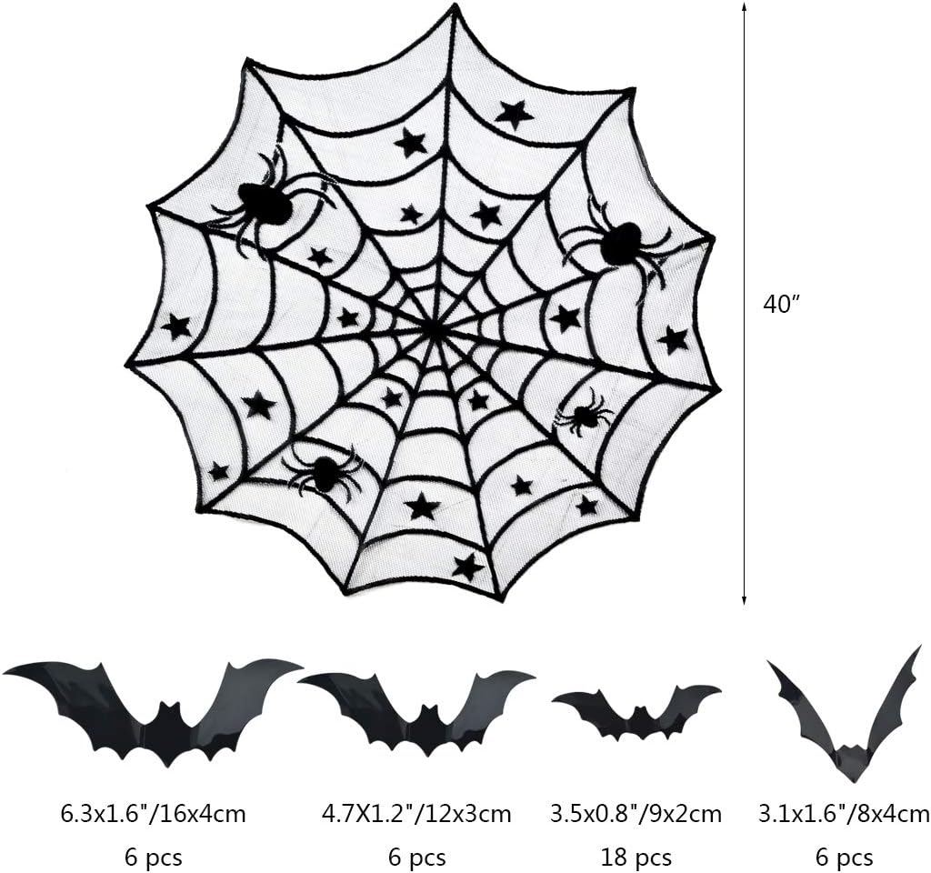 5pack Halloween Decorations Tablecloth Runner Black Lace Round Spider Cobweb Table Cover Fireplace Mantel Scarf Spiderweb Fireplace Scarf Spider Lampshade with 36pcs Scary 3D Bat for Halloween Party: Kitchen & Dining