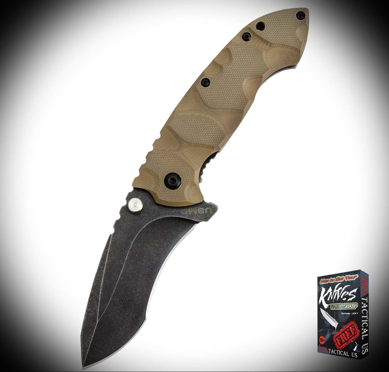 New USMC Desert Warrior Black Folding Blade Tan Handle ProTactical Elite Knife 1621RT + Free eBook