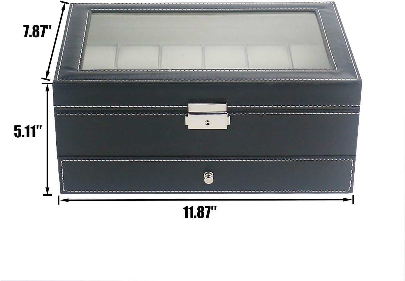 Ogrmar 12 Slot PU Leather Lockable Watch Storage Boxes, Men & Women Jewelry Display Drawer Case, 2-Tier Organizer Watch Showcase with Glass Lid: Home & Kitchen