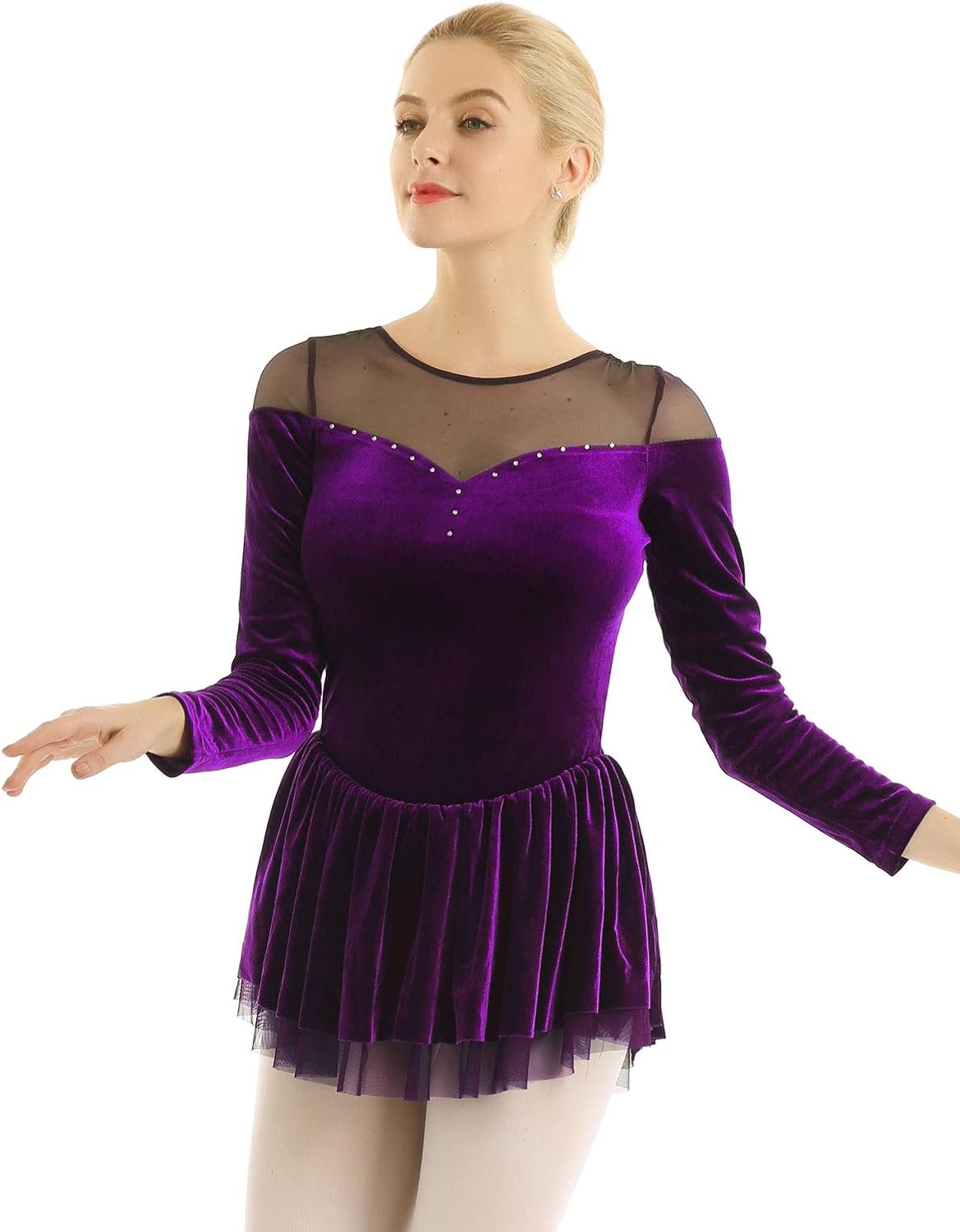 Agoky Women's Double Layer Mesh Shoulder Velvet Long Sleeve Dance Leotard Dress Figure Ice Skating Wrap Skirt: Clothing
