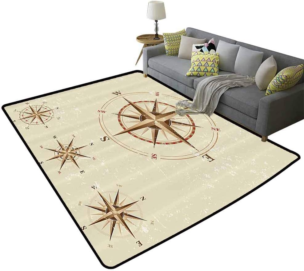 Compass Decor Classroom Rug Four Different Compasses in Retro Colors Discovery Equipment Where Nautical Marine Theme Single-Sided Printing Beige Tan, 6'x 9'(180x270cm)