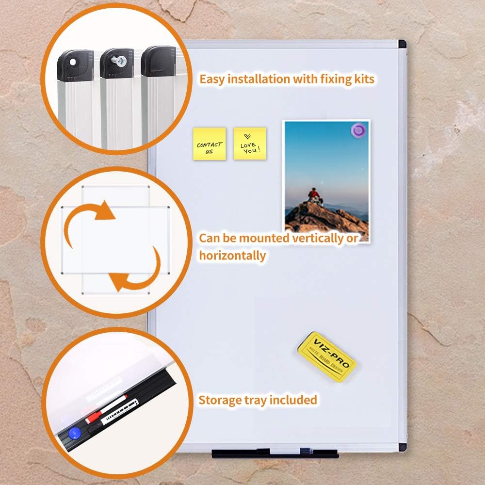 VIZ-PRO Magnetic Dry Erase Board, 36 X 24 Inches, Silver Aluminium Frame : Office Products