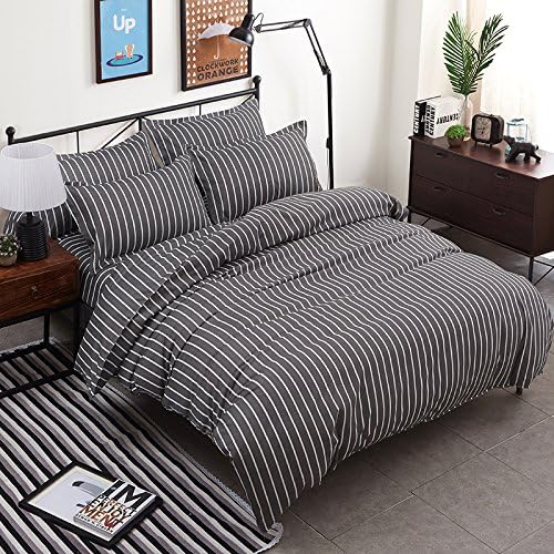 Bedding Duvet Cover Sets 3-pieces Full/Queen Size(90"x90") Microfiber ,White and Grey Stripes Striped Prints Floral Patterns Design,Without Comforter (Full/Queen, 1Duvet Cover+2Pillowcases-19)
