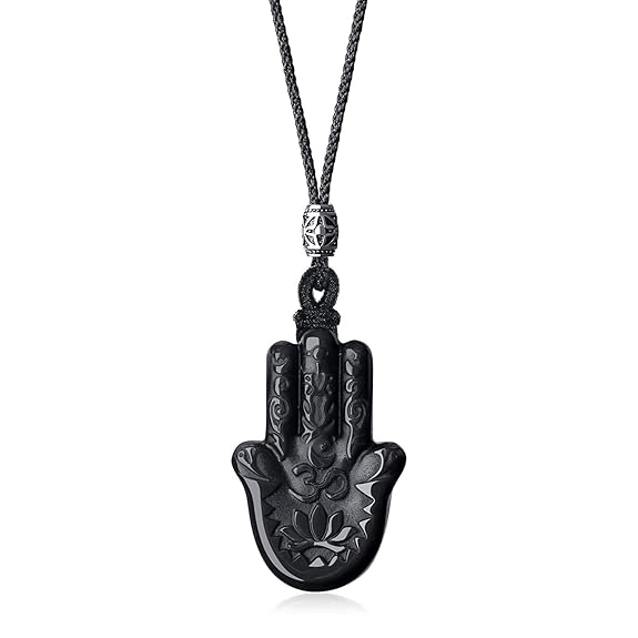 coai Unisex Lange Kette Hamsa Hand Anhänger aus Obsidian