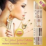 **MOST POPULAR TEMPORARY TATTOOS** MEGA PACK! 5 sheets = over 35 tattoos! METALLIC TEMPORARY TATTOO | Burning Man Costume | EDC Accessory | HARD Summer | Rave Gear | Electric Daisy Carnival Accessory | Meraki Goddess Tattoos (Golden Goddess)