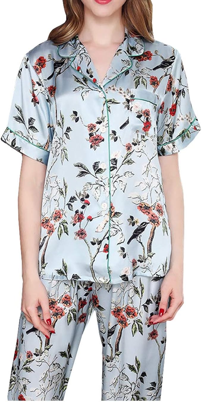 Damen Seidenpyjama Set 4-teilig - Kurzarm Schlafanzug Mit Cami & Shorts
