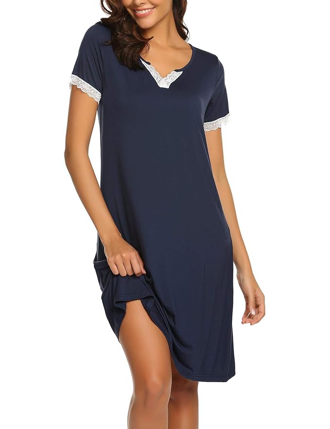 MAXMODA Nachthemd Damen Kurzarm Nachtwäsche Baumwolle Schlafshirt Nachtkleid Negligee Sexy Sleepshirt S-XXL