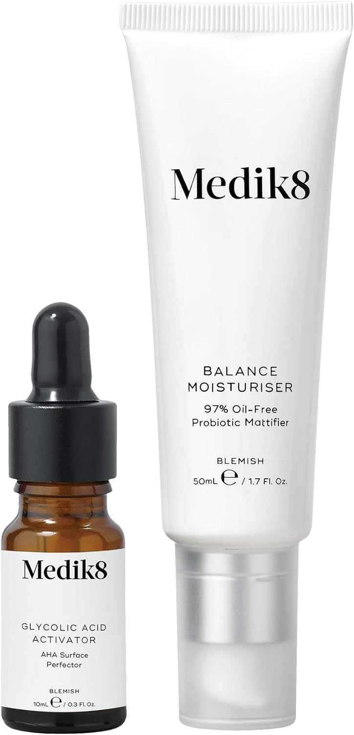 Medik8 Balance Moisturiser & Glycolic Acid Activator - 97% Oil-Free Probiotic Mattifier with AHA Surface Perfector - 50ml & 10ml