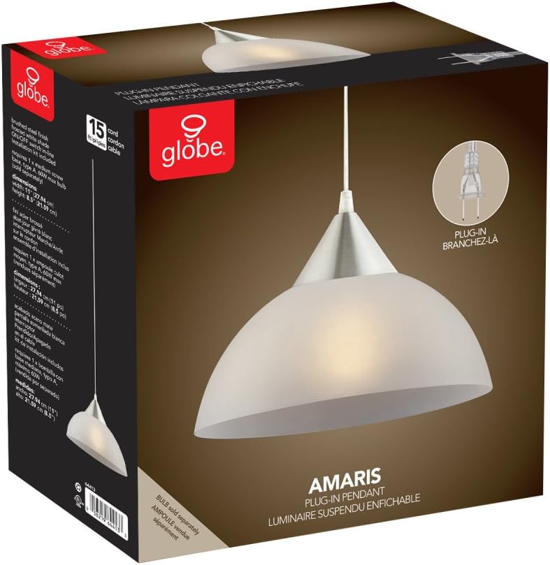 Globe Electric Amaris 1-Light Plug-In Pendant, Brushed Steel Finish, Frosted White Shade, 15ft Clear Cord, In-Line On/Off Switch 64413, 8.5" - Ceiling Pendant Fixtures - 