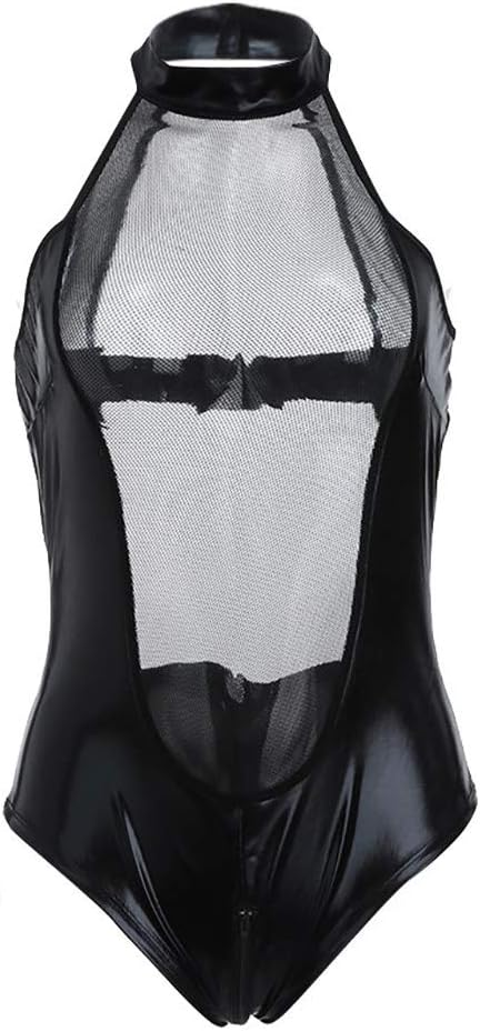 Women Wet Look Lingerie Mesh Splice Faux Leather Halter Zipper Crotch Perspective Temptation Bodysuit