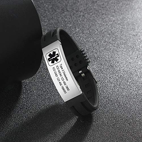 Lam Hub Fong Free Engraving 9 Inches Silicone Adjustable Medical Bracelets Sport Emergency ID Bracelets for Men Women Kids Waterproof Stainless Steel Rubber Alert Bracelets (Black) - Thumbnail 3