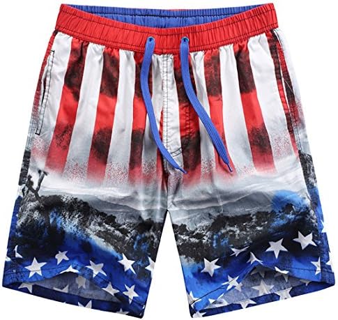 OUR WINGS Mens Slim Fit Quick Dry Short Swim Trunks with Pocket American Flag Print Boardshorts XXL