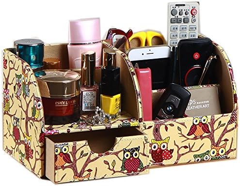 Creative Leather Desk Accessories Drawer Organizer, desktop storage box pencil remote control holder with business card stand for home office decor (yellow owl)