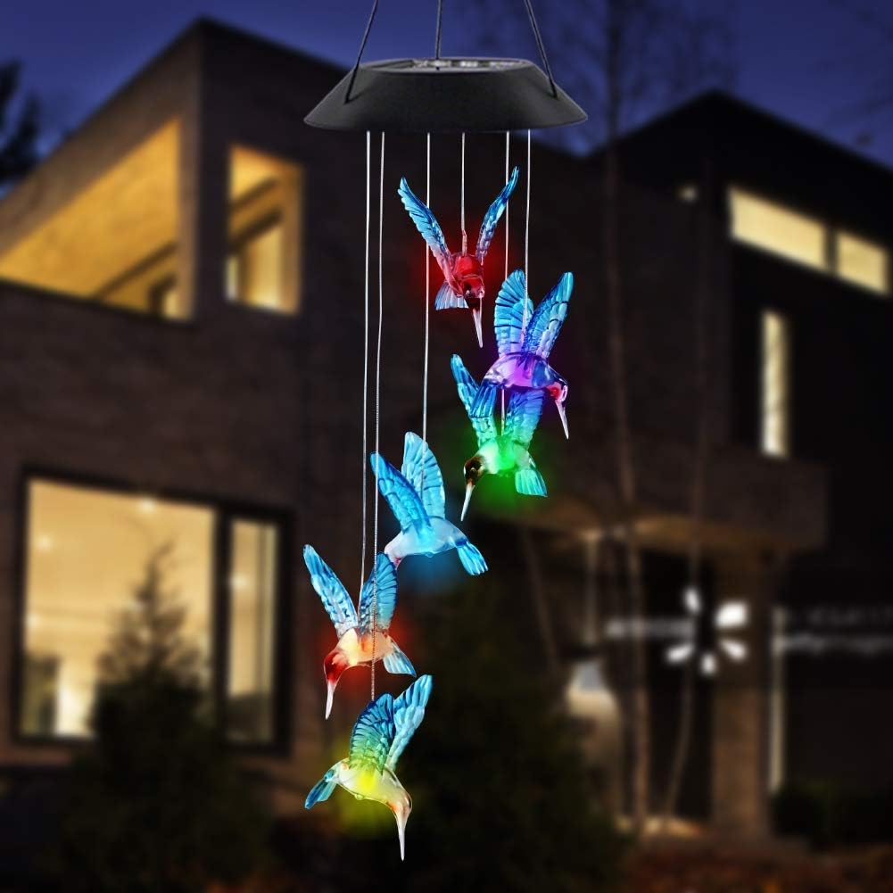 MorTime LED Solar Hummingbird Wind Chime, 25" Mobile Hanging Wind Chime for Home Garden Decoration, Automatic Light Changing Color (Blue) : Garden & Outdoor
