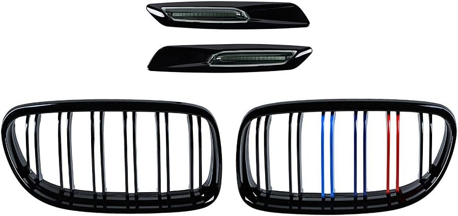 Anzios Glossy Black + M Color Front Center Kidney Grille Grill + F10 Style Black Smoke Amber LED Side Marker Compatible Compatible with 09-11 E90 E91