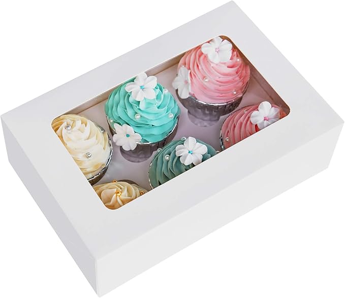 Cupcake Boxes with Inserts 6 Holders, 9x6x3inch Large White Standard